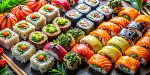 A Colorful Array of Sushi Rolls, a Delightful Fusion of Flavors, with a Garnish of Green Greenery, Sushi, Japanese Food, Asian Cuisine, Flavors