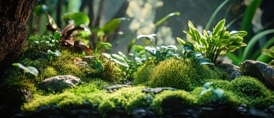 Lush Green Moss and Foliage in a Forest Setting