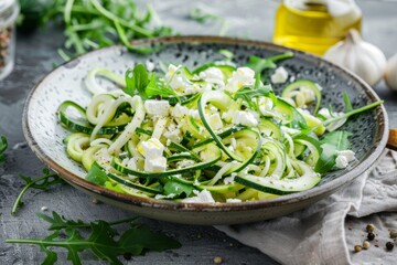 Obraz premium Zucchini noodles with cucumber feta cheese and arugula
