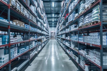 Pharmaceutical warehouse with organized shelves and neatly arranged medication
