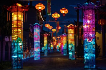 Enchanting mid autumn festival in china lantern lit on city street at night