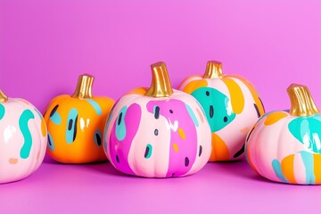 hand painted pumpkins with a bright, abstract Memphis design, featuring vibrant splashes of pink,...