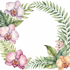 Fototapeta premium Watercolor illustration of pink orchids and tropical leaves forming a frame.