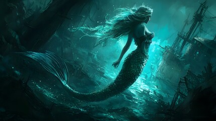 Mermaid of the Deep: A hauntingly beautiful mermaid with flowing hair, illuminated by bioluminescence, surveys a sunken shipwreck in the ocean depths. 