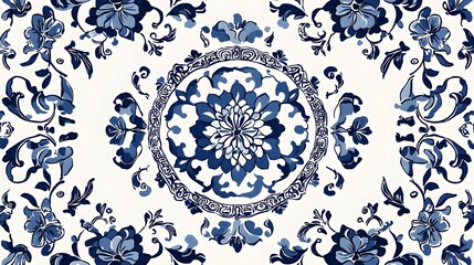 Blue Blossom Mandala: Intricate floral arabesque pattern inspired by vintage Delftware, featuring a central floral medallion in navy and white. 