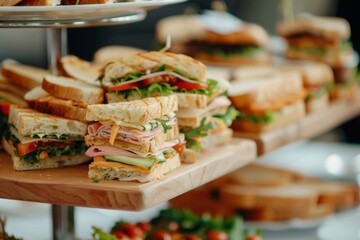 Elegant catering buffet table with delicious sandwiches canapes and appetizers for celebration event