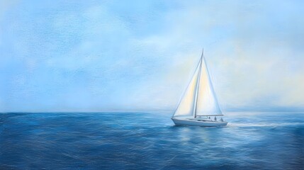 Fototapeta premium Solitude on the Azure Canvas: A lone sailboat embarks on a tranquil journey across a serene sea, bathed in the soft glow of the setting sun, capturing the essence of peace, adventure, and the vastness