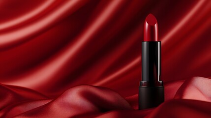 Crimson Desire: A single, bold red lipstick stands tall against a backdrop of luxurious, crimson satin.  The image evokes sensuality, confidence, and a touch of danger, perfect for beauty and fashion 