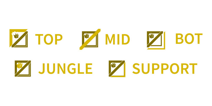 5 positions for online game. Top, jungle, mid, bot and support isolated. Vector icons in flat style.