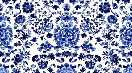 Blue and White Floral Pattern: Elegant seamless pattern featuring intricate blue floral designs on a white background. This classic pattern evokes a sense of sophistication and beauty, perfect for a v