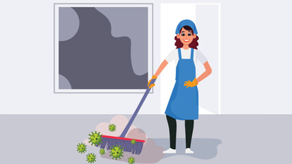 Vector illustration of a female janitor sweeping away viruses, emphasizing hygiene and cleanliness.