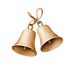 Two beautifully crafted bells tied together, perfect for festive decorations or holiday themes, symbolizing joy and celebration. transparent background watercolor style