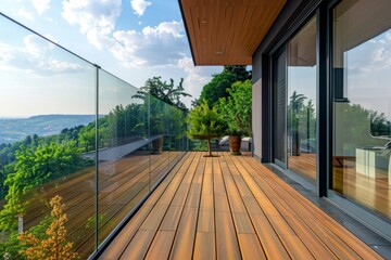 Balcony view with exotic wood grooved decking and glass railing
