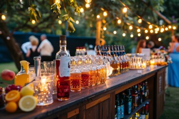 Wedding reception outdoor bar with different sweet cocktails