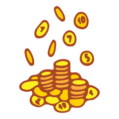Mountain of coins hand drawn flat. Money. Gold coins. Wealth, treasure. Rich. Bank vault. Full wallet. Vector art image.