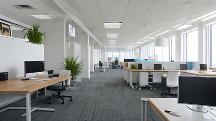 An office space with a relaxation area includes cozy seating, calming decor, and a peaceful ambiance.