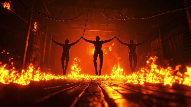 Spooky acrobats on fire-lit ropes, haunted circus setting, 3D illustration