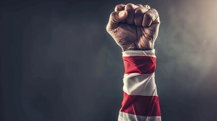 National Pride: Raised fist wrapped in the American flag, signifying unity, strength, and the importance of voting and civic engagement in elections.