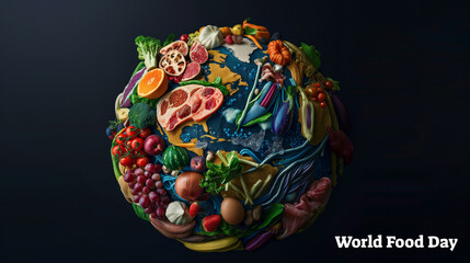 World Food Day Poster: Earth Surrounded by Fresh Fruits, Vegetables, and Breads, Highlighting Global Food Awareness