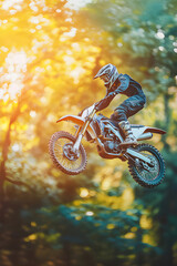 Naklejka premium A motocross rider is seen executing a jump stunt on an off-road course for a dirtbike competition.