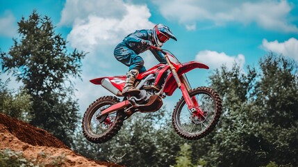 A motocross rider is seen executing a jump stunt on an off-road course for a dirtbike competition.