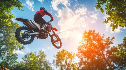 A motocross rider is seen executing a jump stunt on an off-road course for a dirtbike competition.