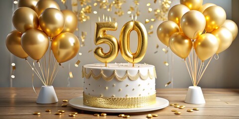 Golden 50th Birthday Cake with Balloons and Confetti, birthday , celebration , golden , anniversary