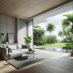 Loft living room interior with panoramic window on tropics 
