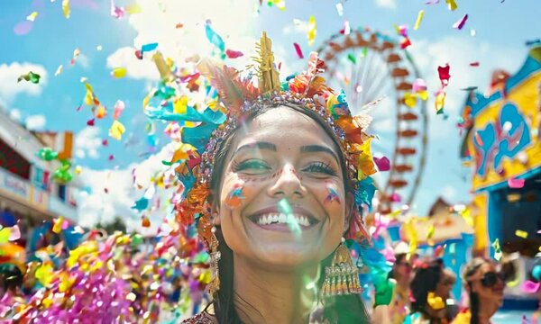 a woman in a colorful headdress smiles for the camera