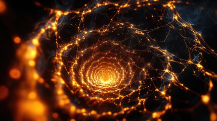 A radiant spiral fractal web with intricate, glowing lines and a dark backdrop, creating a hypnotic visual effect.