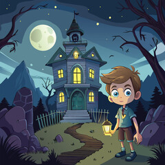 A little boy in spooky dark house