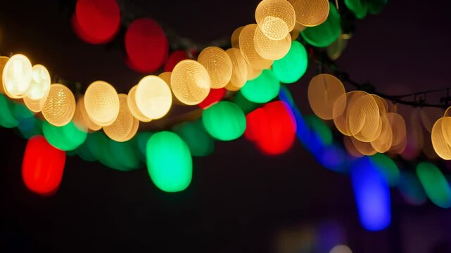 Blurred close-up of festive garlands with colorful lights decorating a fir tree