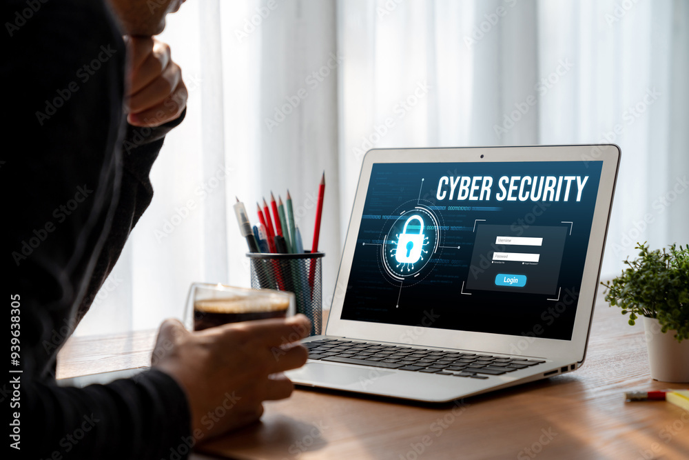 Poster cyber security system on computer screen protect private information snugly from hacker and cyber at