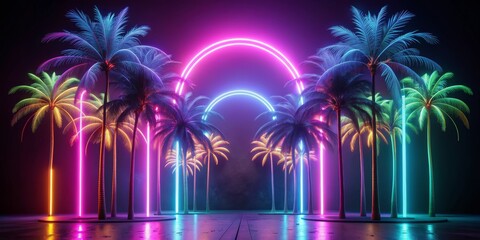 Neon Palm Trees - 3D Render, Nighttime, Tropical, Glow , palm trees , neon light , night scene