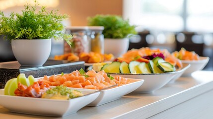 a casual dinner buffet with a variety of food options, showcasing the spread and arrangement.