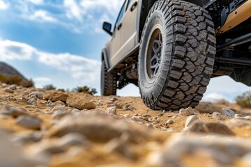 Close-up of a rugged off-road tire on a vehicle driving over rocky desert terrain under a partly cloudy sky.