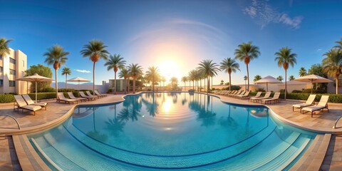 Fototapeta premium Palm Tree Oasis Pool with Sunset Reflection, 360 Degree View, Resort , Relaxation, Vacation , Poolside