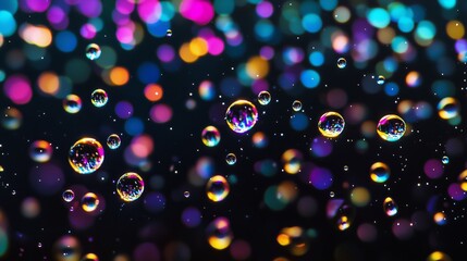 Vibrant water droplets suspended in mid-air create a stunning, colorful kaleidoscopic effect.