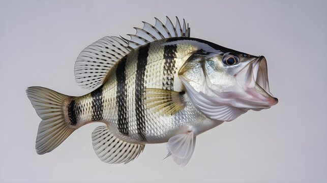 recommend clip art: A large crappie fish with a distinctive black and white pattern isolated on a white background with its mouth opened.