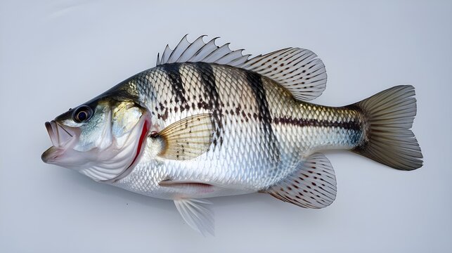 recommend clip art: A crappie fish, isolated on a white background, medium-sized freshwater fish with mouth opened.