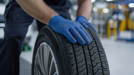 Close-up of a mechanic wearing blue gloves, carefully handling a tire in an automotive garage, highlighting precision and safety.