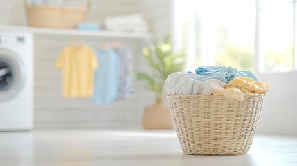 Hand placing folded laundry into a blue laundry basket