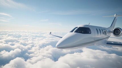 Private jet flying above the clouds with a beautiful blue sky.