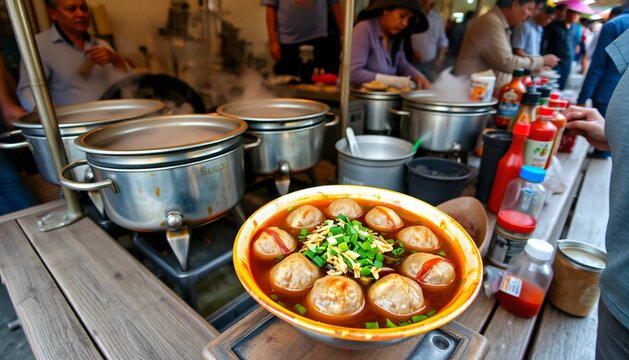 A Bowl of Baso served fresh, with tender beef meatballs floating in a clear soup Generative AI