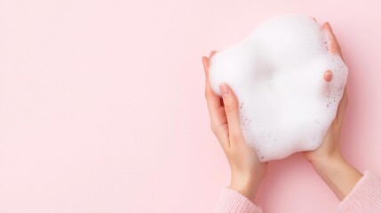 Naklejka premium Hands lathering shampoo cream into soft, luxurious bubbles, hair care routine, deep nourishment