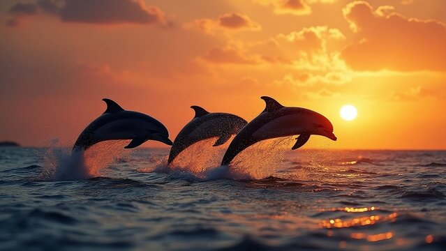 Dolphins leap out of the water in a kitschy sunset