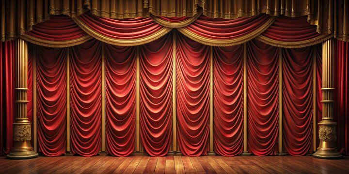 Red Velvet Theater Curtains with Gold Trim and Columns, theater , stage , curtain , backdrop