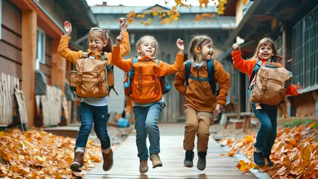 Four children joyfully running along a wooden path in autumn with backpacks in hand during a sunny afternoon