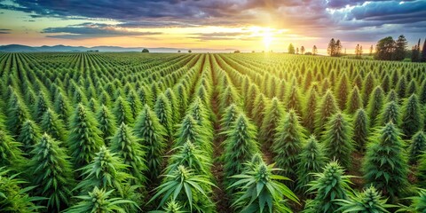 Sunset Over a Field of Green Cannabis, Cannabis Farm, Marijuana Field, Hemp Plantation, Sunset Agriculture