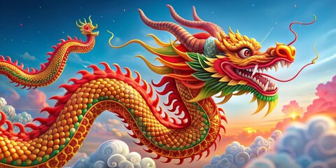 Obraz premium The Majestic Dragon's Ascent Through Sunset Clouds, Digital Art, Chinese Dragon, Fantasy, Mythical Creature, Dragon, Chinese Mythology